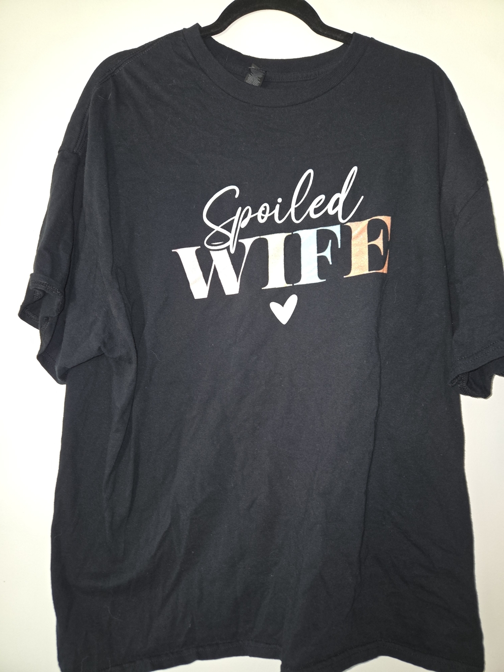 Gildan Black Tee with 'Spoiled Wife' Multicolor Lettering